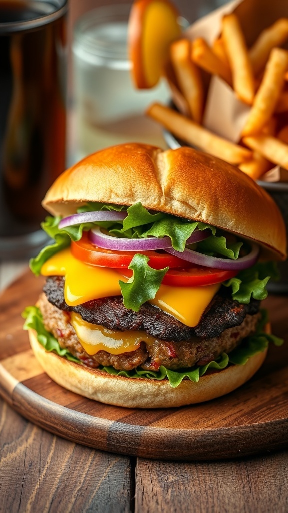 A juicy hamburger with cheese on a bun, garnished with lettuce and tomato, alongside fries on a wooden table.